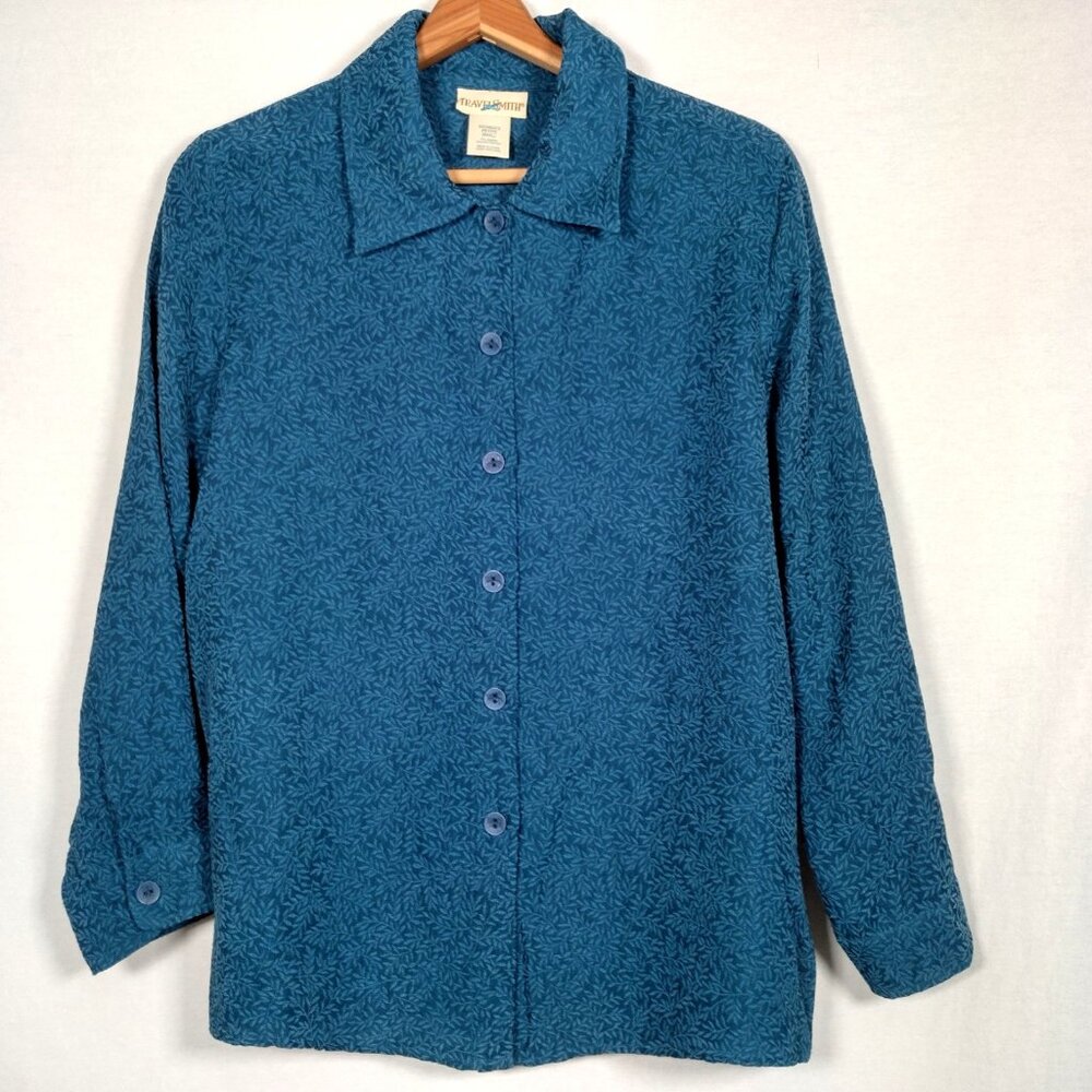 TravelSmith Blouse Petite Small SP Blue Long Sleeve Textured Leaf Collar Button